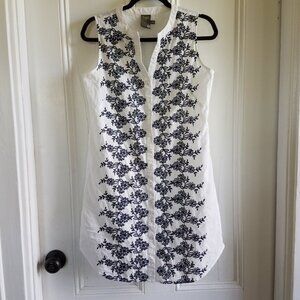 Taylor Button-Front Shirt Dress/Sundress~White cotton~Navy Blue Embroidery~8